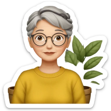Abuela con cabello canoso en moño, expresión tierna, gafas redondas, suéter amarillo y detalles relacionados con plantas. Estilo amable y acogedor. sticker