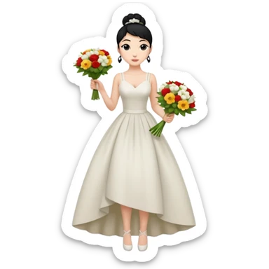 Chica blanca,cuerpo entero, vestido boda asimétrico tirantes , pelo negro,    ramo de flores , pelo recogido en moño alto sticker
