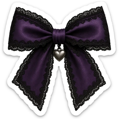 Purple gothic bow with black lace trim and heart charm, remove background sticker