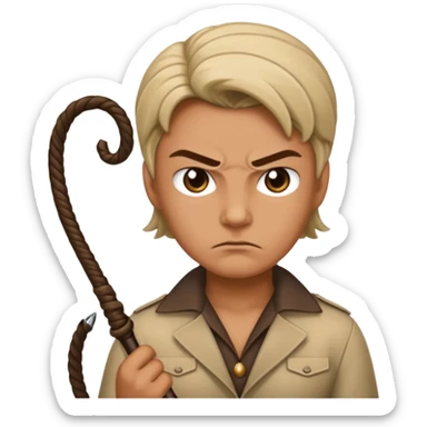 person with a mean scoul and a whip sticker