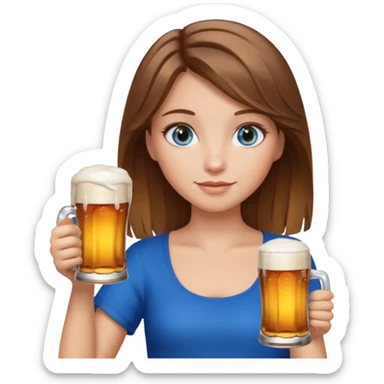 Girl with brown hair and blonde highlights with blue eyes holding beer  sticker