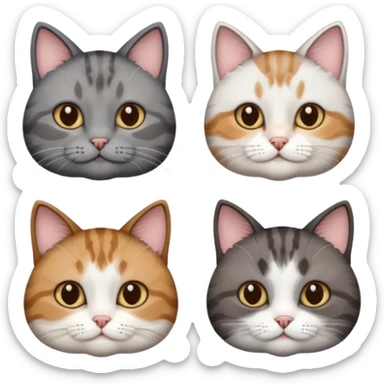 3 different coloured short haired cats including; a dark brown tabby and white cat, and a dark grey and white  sticker