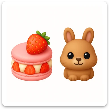 Create a set of 3D iOS style emojis featuring a macaron and a bunny, both designed in a kawaii style. The macaron should have a soft, pastel color scheme with a slightly glossy texture to give it a cute and appetizing look. The bunny should have large, sparkling eyes, a tiny nose, and fluffy fur, with a round, chubby body to enhance its adorableness. Both images should have a playful and charming appearance, typical of kawaii aesthetics, while maintaining the clean and polished look of iOS emojis. sticker