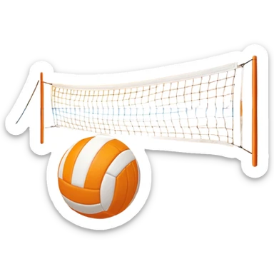 A volleyball resting on the sand on a beach, with the net in the background and a scenic view of the ocean and sky. The scene captures the relaxed yet competitive vibe of beach volleyball, with warm sunlight and the natural beauty of the beach. sticker
