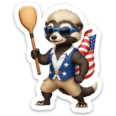 friendly anthropomorphised honey badger in USA Independence Day outfit, wearing sunglasses, carrying a club, dynamic pose sticker