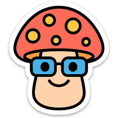 colorful icon of a mushroom with glasses and a smile sticker