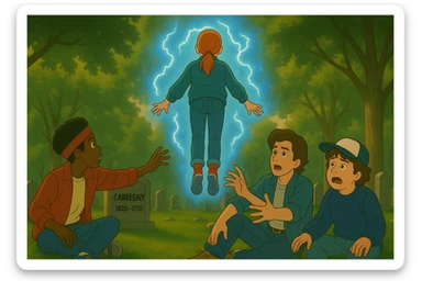 Max from Stranger Things levitating, seen from behind, in front of Lucas, Steve, and Dustin, who are reaching out to her. Dustin has a shocked expression. Ghibli style, wide aspect ratio (16:9), supernatural glowing effects, cinematic lighting. sticker