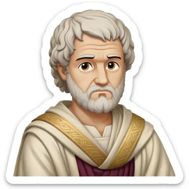 Cinematic Realistic portrait of Aristotle the philosopher, depicted as a wise, contemplative figure in detailed ancient Greek attire, with a textured draped robe and thoughtful expression, bathed in soft classical lighting that highlights his timeless intellect. sticker