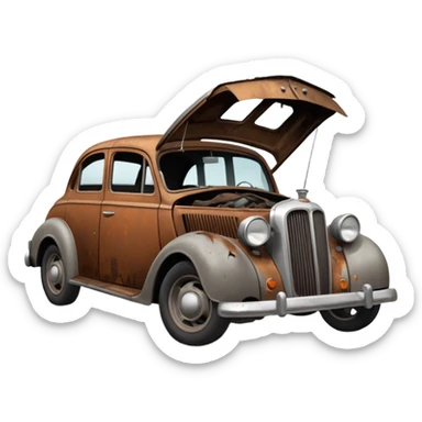 Side view of a broken-down old car with steam from the open bonnet, shattered windows, rusted doors, a flat tire, dents, peeling paint, and a grimy, neglected look. sticker