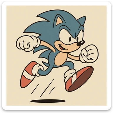 Sonic the Hedgehog, jumping in the air, dynamic action pose, blue spikes, red and white shoes sticker