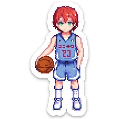 Seijuro Akashi, pixel art, red hair, heterochromia, wearing Rakuzan basketball jersey, small sprite sticker