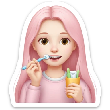 A girl with long hair in pale pink clothes brushes her teeth sticker