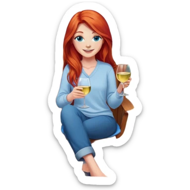 Laughing woman with long red hair and blue eyes holding white wine sitting in chair beside fire pit sticker