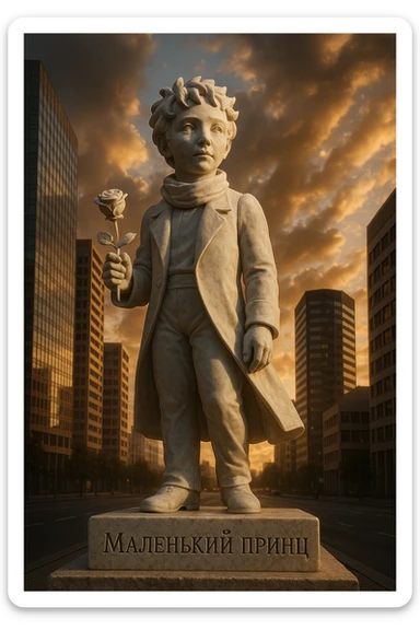 Ultra-realistic marble statue of the Little Prince with a rose in his hand, standing in a modern city. Pedestal engraved with 'Маленький принц'. Sunset, dramatic low-angle view. sticker
