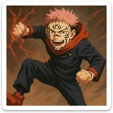 Add Sukuna's facial markings and extra eyes to the Jujutsu Kaisen character in the image. Keep the anime style and dynamic pose as shown in the reference. sticker