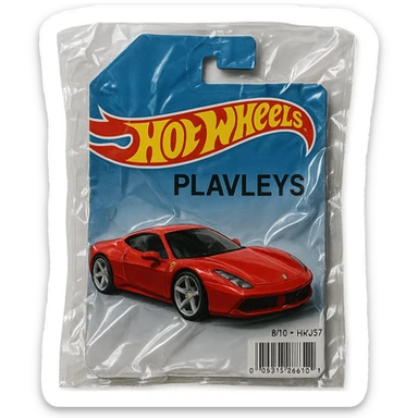 Hot Wheels packaging with a red Ferrari car labeled 'PLAVLEYS', glossy, no background sticker