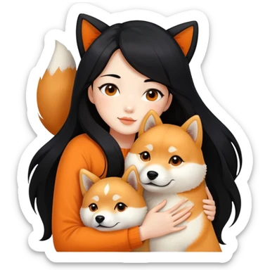 A beautiful girl with long black hair hugs a Shiba Lnu sticker