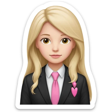 long haired woman with pink tie and blazer sticker