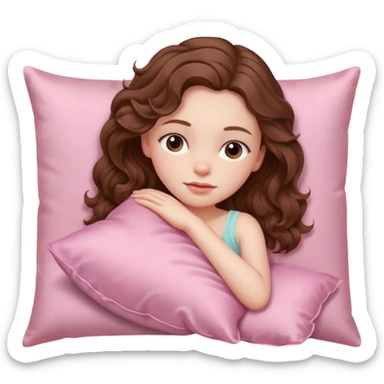 Sleeping beauty pale-skinned girl with brown wavy hair, resting peacefully on a soft pink silk pillow on her side, wearing pastel pink sticker