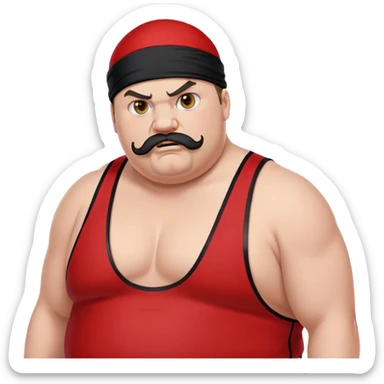 Extreme close-up of face of morbidly obese white skin guy with young face, prominent BLACK DURAG tied clearly on head, distinct black beard and mustache, black eyes in a red and black wrestling singlet with angry expression sticker