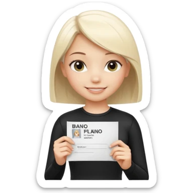 A cute 3D cartoon-style girl, platinum blonde straight bob hair, natural makeup, wearing a black sporty outfit, He holds a piece of paper with the inscription ВАЖНО. Smile face  sticker