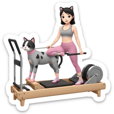 Create a Pilates emoji: a girl with fair skin and black hair, wearing a grey bra and grey leggings with pink pilates socks, doing cat-cow on a wooden reformer. Make it look at the reformer. Make the colors neutrals. sticker