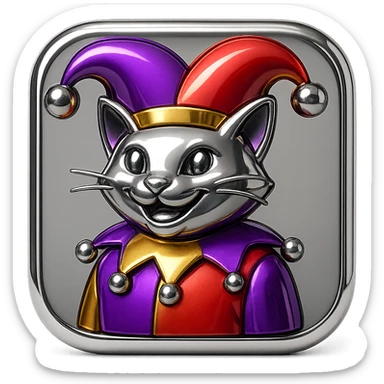 crazy colorful cute little cat jolly joker from poker, medieval, vintage, court jester, mac os icon, purple, gold and red color, half body. Squared shape as 3D mac os icon sticker