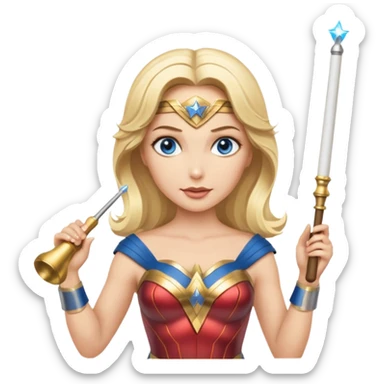 Blonde blue eyed Wonder Woman holding white orchestra conductor’s baton and bell sticker