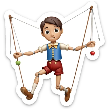 3D render of Pinocchio Boy as a wooden marionette puppet, Long nose, wood grain skin, strings, silver metal screw joints at elbows and knees, polished brown wood texture, rigid toy pose, Apple emoji style, isolated on white background --v 6.0. sticker
