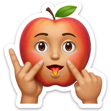 an upset emoji holding up in one hand a middle finger and the other hand eating a peach sticker