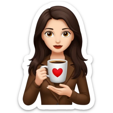 Dark Brown long haired sexy woman with dark brown eyes with cup of coffee sticker