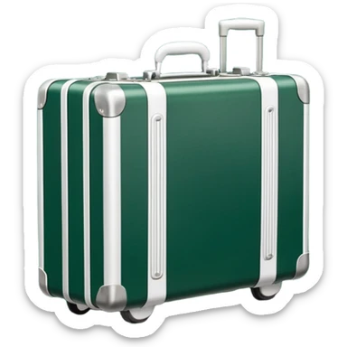 white metal suitcase with ribbed surface, wheels, handle and corners dark green, emoji style sticker