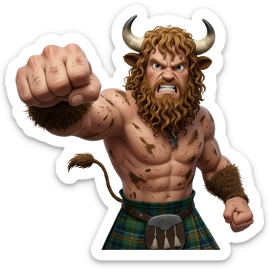 big buff curly hairy man covered in dirt with freckles with messy light brown bangs that covers his face completely with bull horns and bull ears and bull tail dressed in kilt punches with left hook closeup furious expression sticker