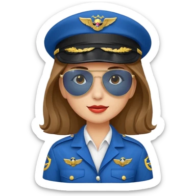 pilote d'avion femme cheveux brun clair avec sunglasses et chapeau de pilote et uniforme bleu sticker