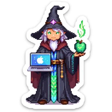 powerful wizard coding on an Apple laptop, glowing magical aura surrounding him, confident expression, looks like the ultimate boss of coding, wearing impressive dark robe sticker