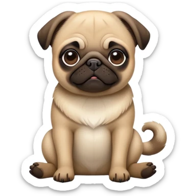 cinematic-[pug]-realistic-full-body-sitting-emoji,-tail-resting-loosely-beside-its-paws,-head-tilted-dramatically, -sleek-[fawn]-fur,-simplified-yet-realistic-focused-features,-highly-detailed,-glowing-with-an-almost-sarcastic-glow sticker