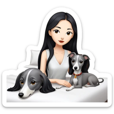 Very thin Chinese woman with long black hair relaxing in a luxurious hotel suite with exactly ONE whippet dog. EXTREME IMPORTANCE: the whippet must be ONE SOLID VERY DARK CHARCOAL GREY COLOR from nose to tail with ABSOLUTELY NO WHITE MARKINGS anywhere - NO white on face, NO white on muzzle, NO white on chest, NO white on paws, NO white on tail - NOTHING BUT A SINGLE SHADE OF VERY DARK GREY throughout the entire animal sticker