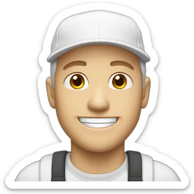 a white man smiling with a white cap and 👍 sticker