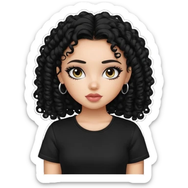 a pretty bratz girl with curly black hair, eyeliner, wearing a black tshirt sticker