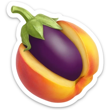 An eggplant wedged into a peach sticker