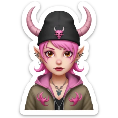 pink girl demon with tattoos, hat, jacket and horns sticker
