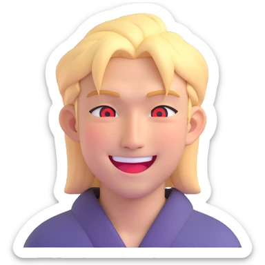 Make the Japanese man with red eyes and blond hair wink, smiling, in 3D emoji style with no background. sticker