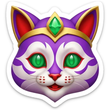 crazy colorful cute little cat jolly joker from poker, medieval, vintage, court jester, mac os icon, purple, gold and red color, half body, emerald green ice eyes. Squared shape as 3D mac os icon, symmetrical sticker