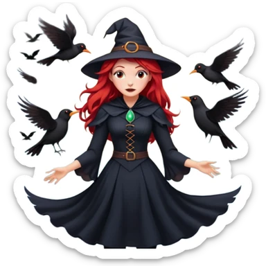 witch with red hair flying , on the background - full moon and black birds sticker