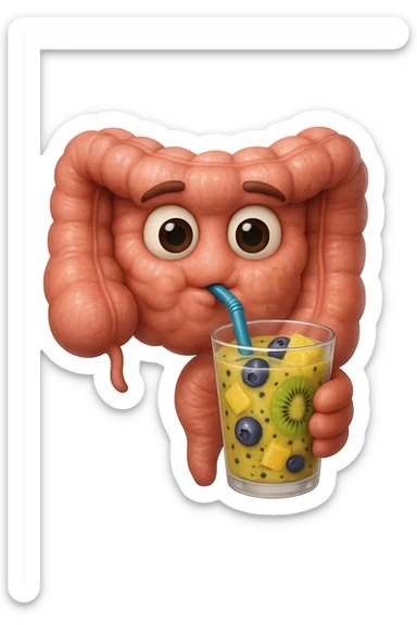 EMOJI STILE IPHONE DI un intestino umano anatomico che beve un frullato di mirtilli, ananas, kiwi, fagli anche la parte bianca degli occhi, non solo le pupille, REALISTICo 4K sticker