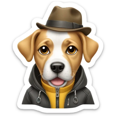 Dog wearing a hat and a jacket with a zipper sticker