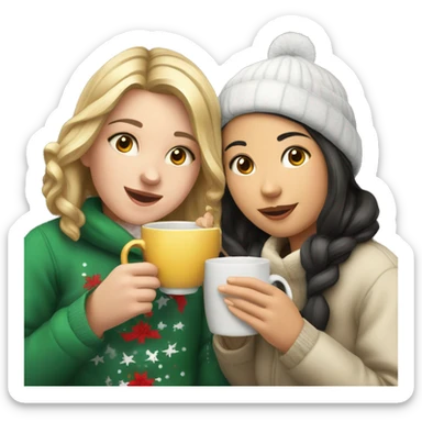 Caucasian girl and Asian girl drinking tea at Christmas time sticker