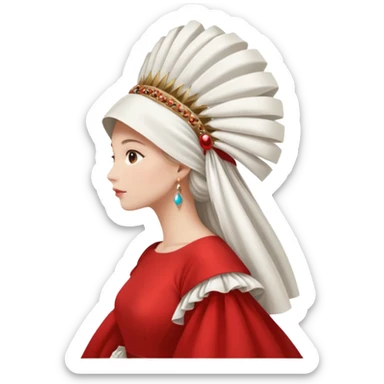 mujer de perfil con un vestido rojo de manga y falsas largas y voluptosas, y una toca blanca GRANDE que cubre su cara de perfil sticker