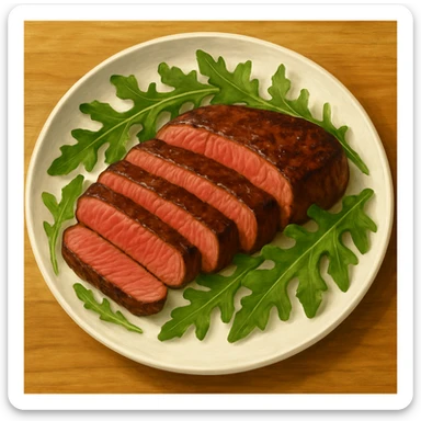 Show the entire plate with sliced beef steak and arugula in a complete top-down view. Create an appetizing food illustration with vibrant colors and detailed textures, emphasizing the freshness and deliciousness of the dish. sticker
