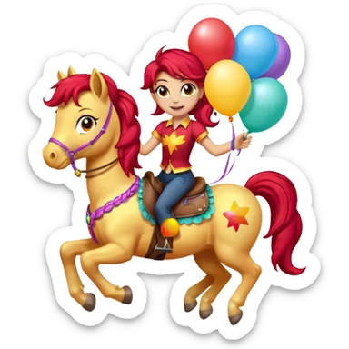 sunset shimmer mlp holding colorful balloons tied to its saddle, looking cheerful. sticker